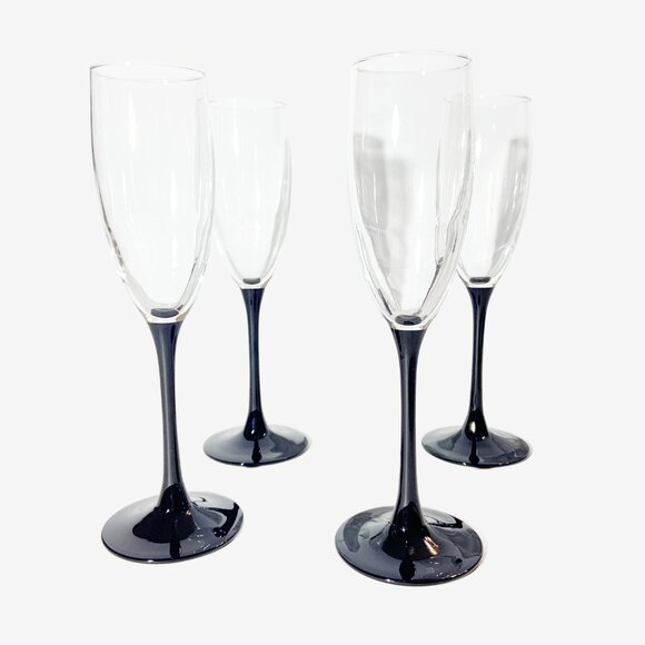Vintage Set of 4 LUMINARC TALL BLACK STEM CHAMPAGNE FLUTES - Picture 1 of 5